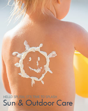 Baby out in the sun with sunscreen lotion in her back. Texts saying sun & outdoor care